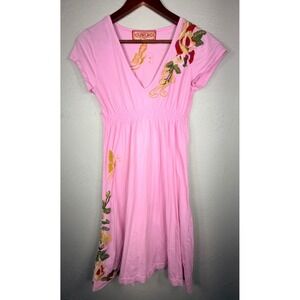 JWLA Johnny Was Pink Embroidered Cotton Smocked Empire Waist V-Neck Dress Medium